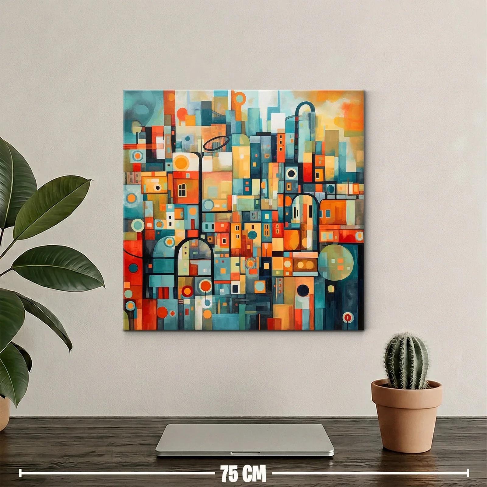 Cuadro abstracto con formas geométricas en tonos cálidos y fríos — miniatura 2