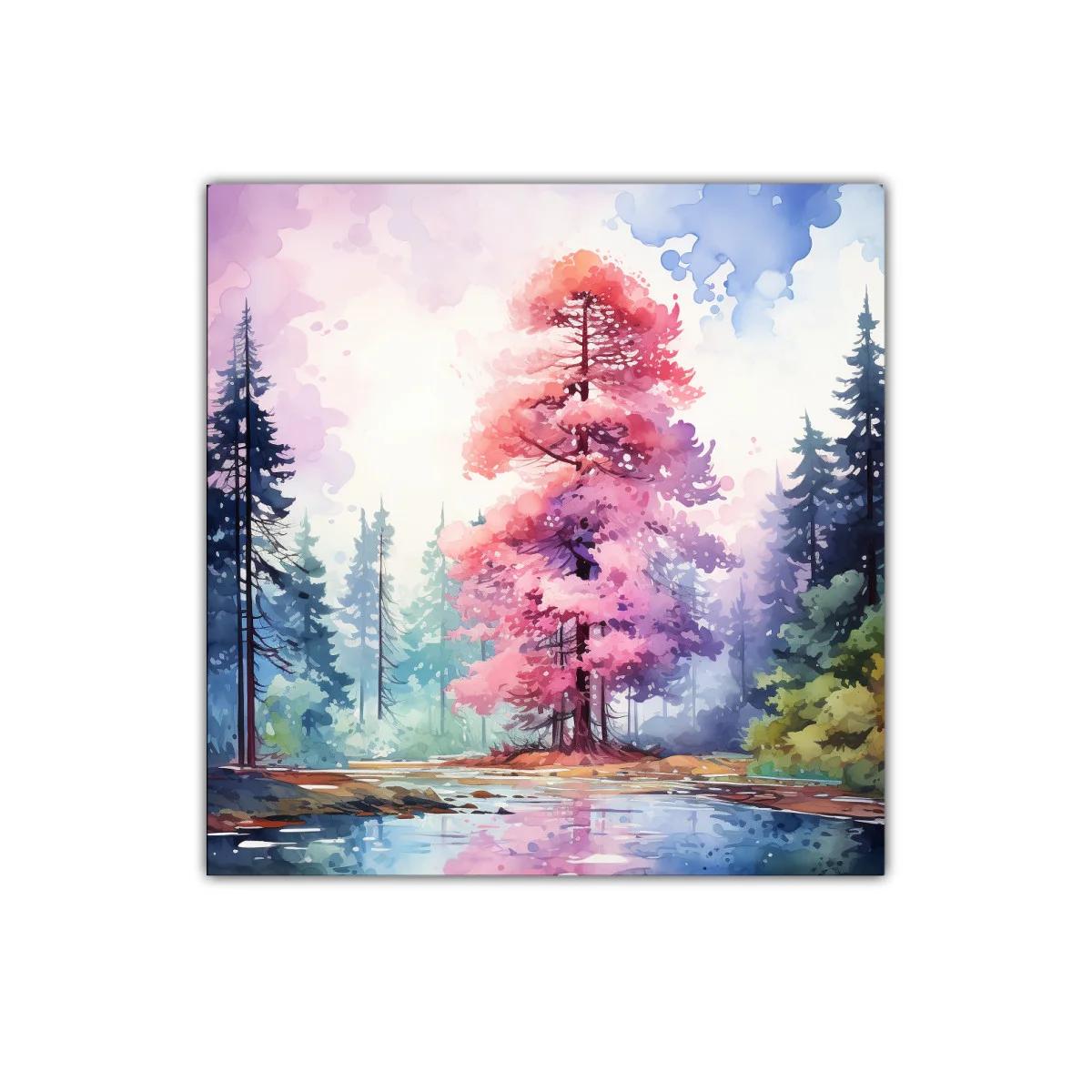 Árbol rosa en paisaje sereno junto a lago reflejado — imagen principal