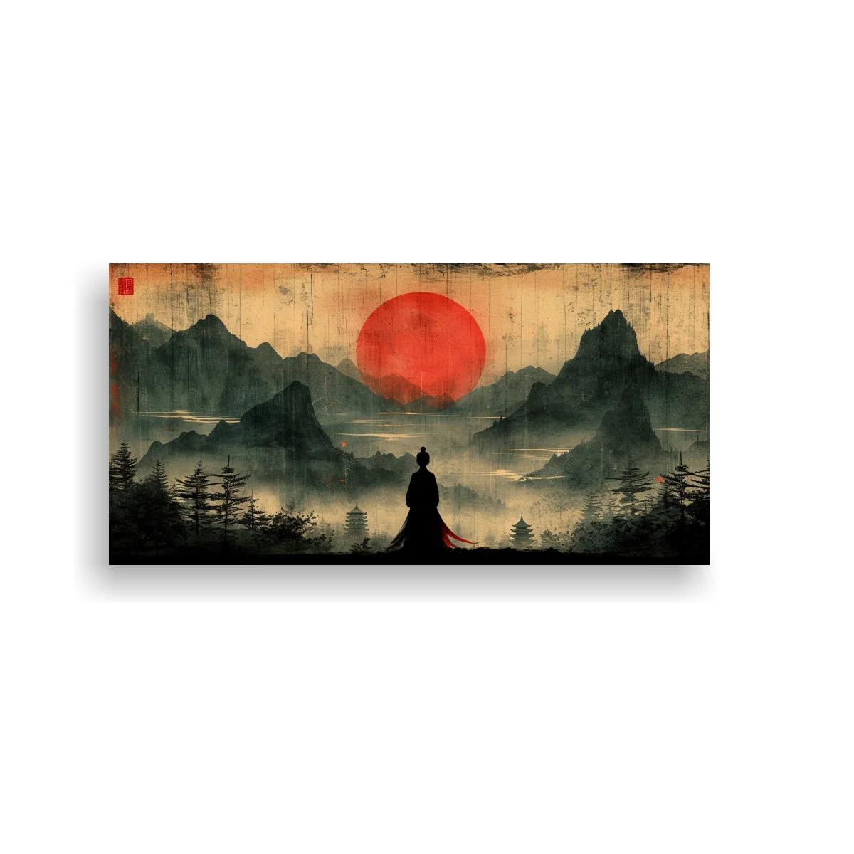 Cuadro sol rojo sobre paisaje montañoso con figura solitaria — imagen principal