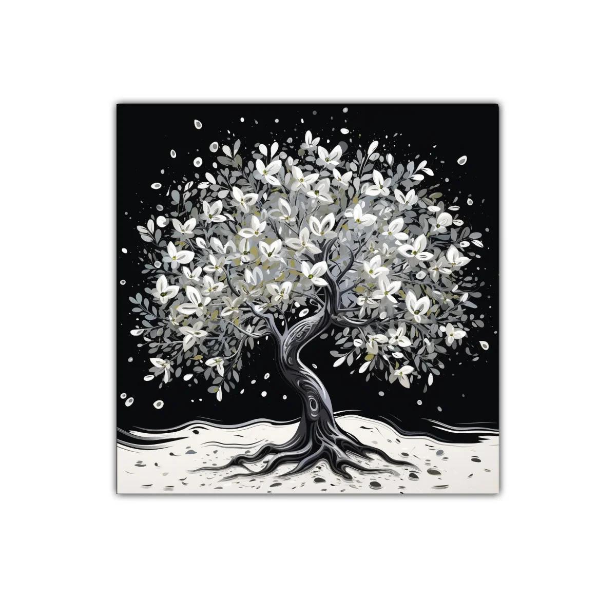 Árbol florecido en tonos blancos y grises sobre fondo oscuro