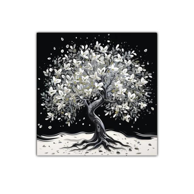 Árbol florecido en tonos blancos y grises sobre fondo oscuro