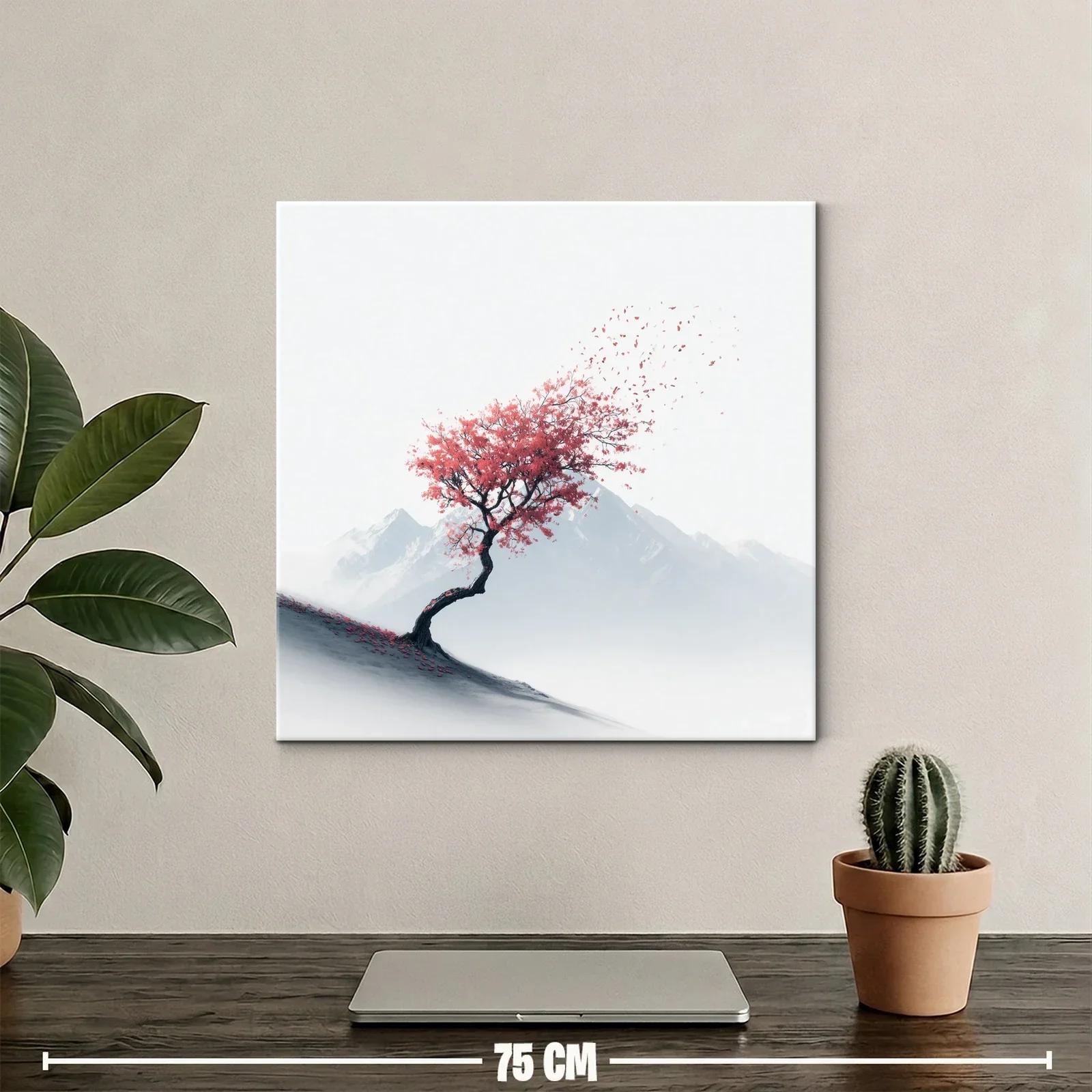 Árbol solitario con hojas rojas contra montañas — miniatura 2
