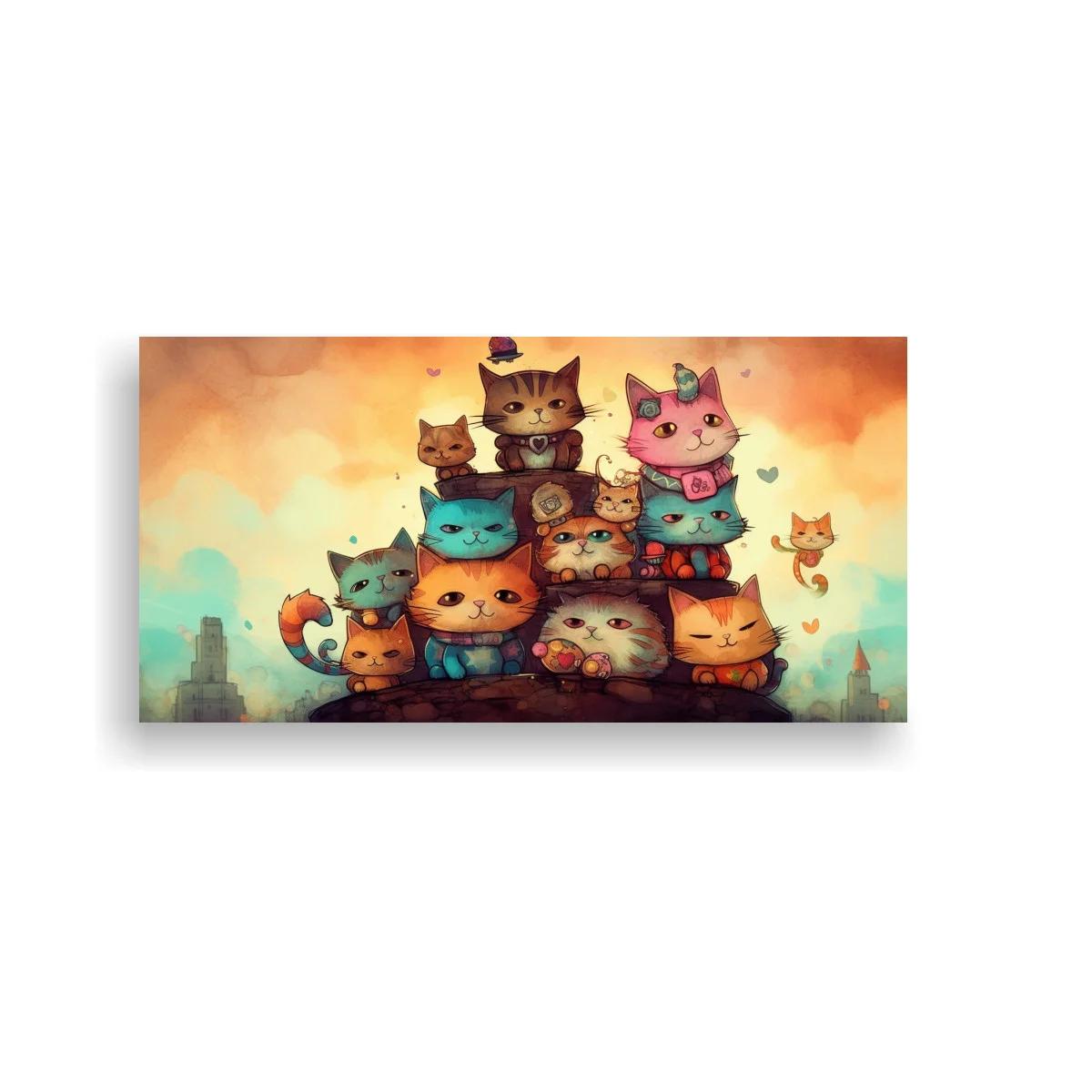 Cuadro grupo de gatos kawaii con corazones flotando