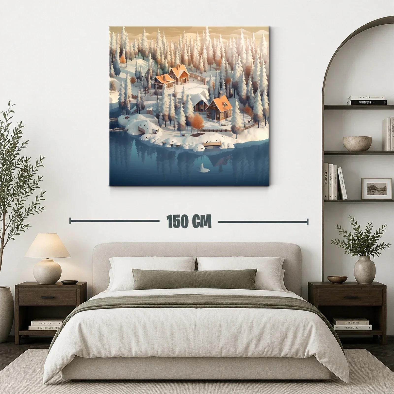 Paisaje invernal con casas acogedoras junto al lago — miniatura 3
