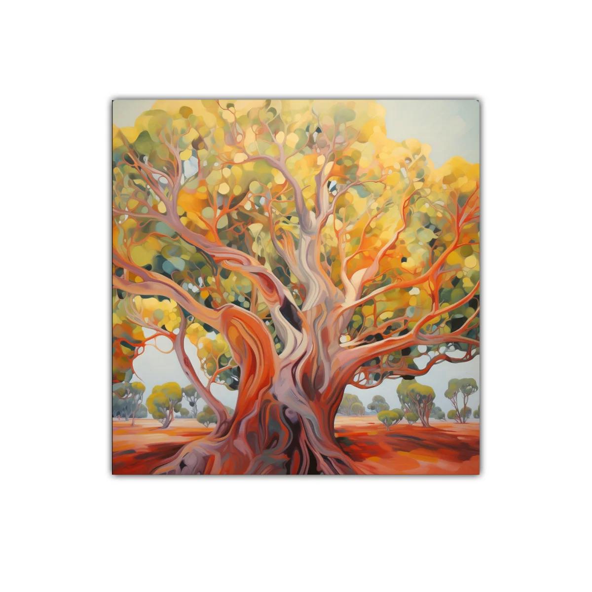 Árbol imponente con vibrantes tonos cálidos y frescos