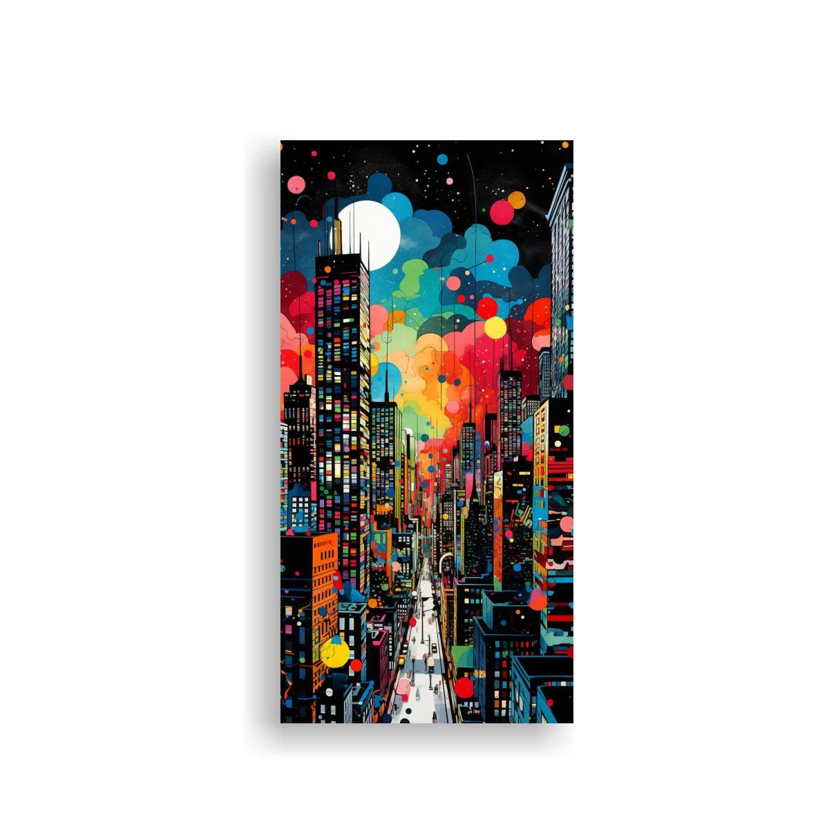Cuadro skyline urbano nocturno con luna y círculos de color — imagen principal