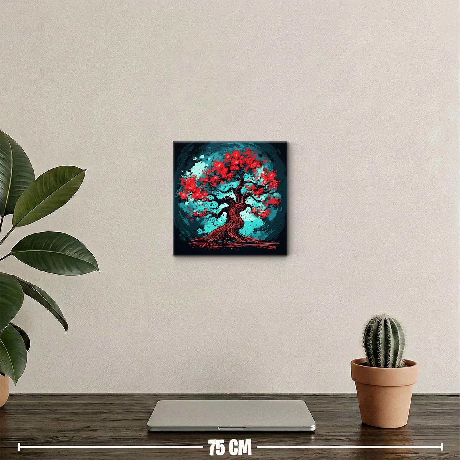 Árbol vibrante con flores rojas y fondo turquesa intenso — miniatura 2