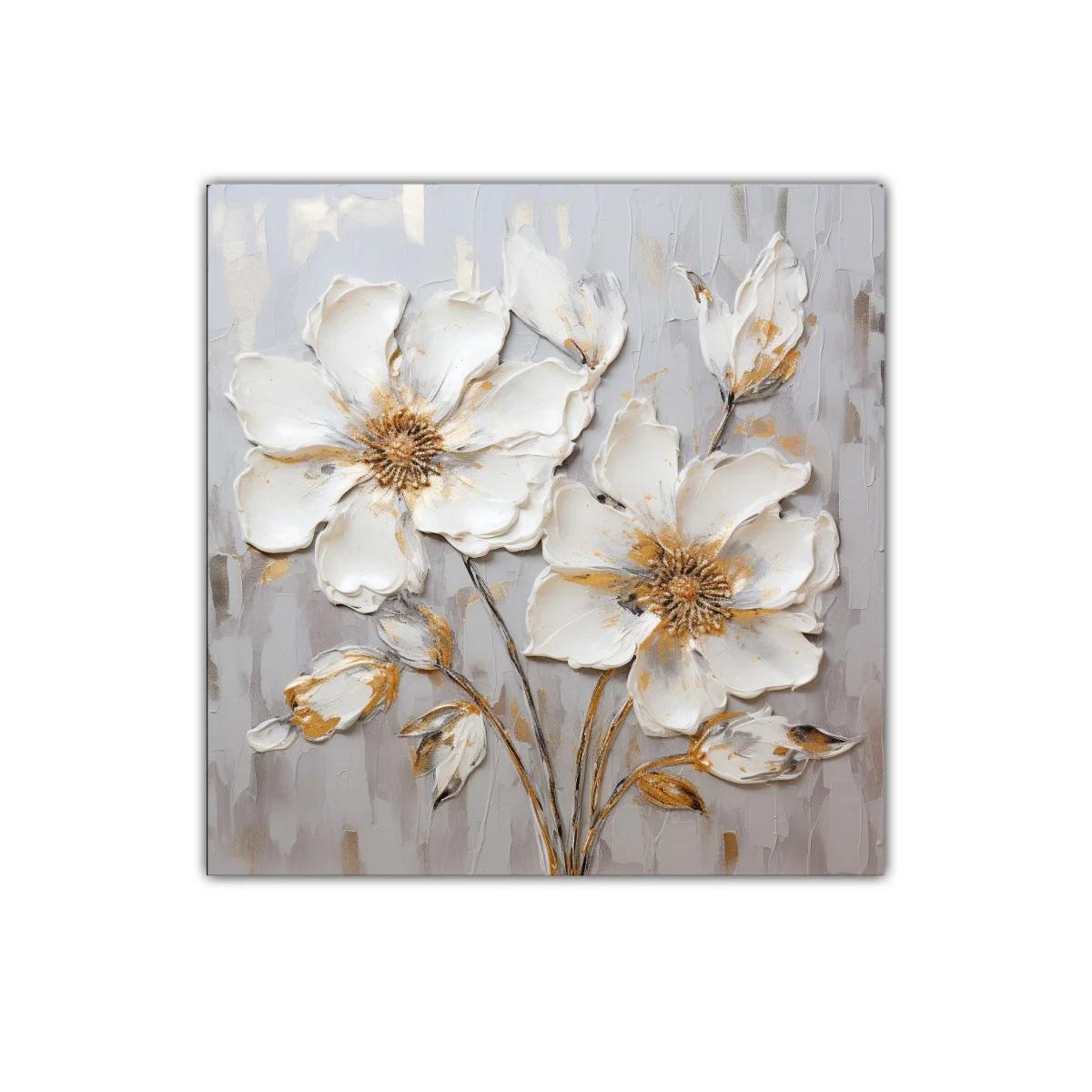 Cuadro con delicadas flores blancas y detalles dorados