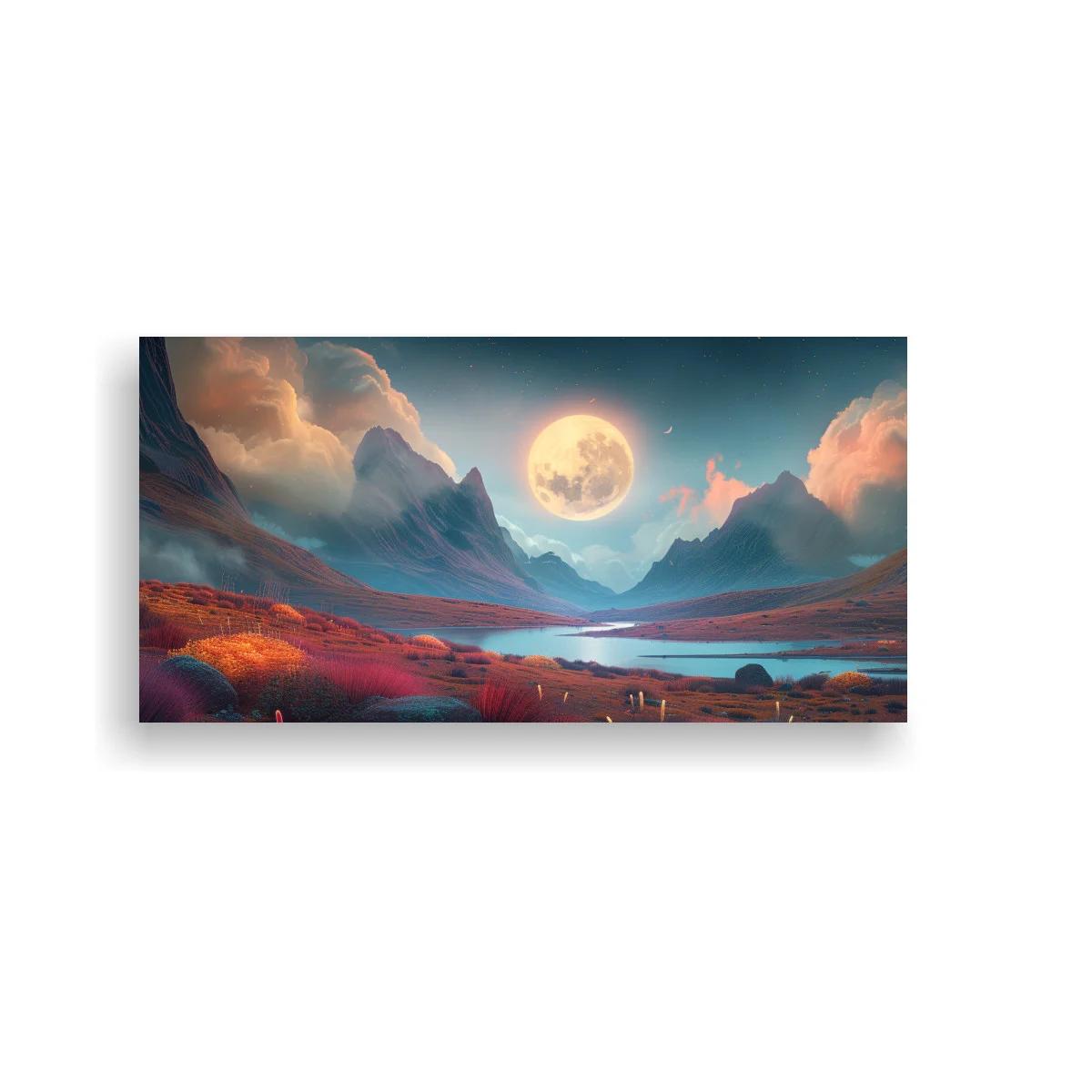 Cuadro paisaje de fantasía con luna llena y lago panorámico