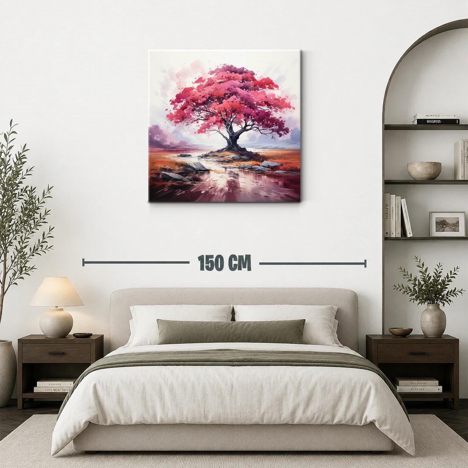 Árbol en tonos rosas y rojos sobre paisaje sereno — miniatura 3