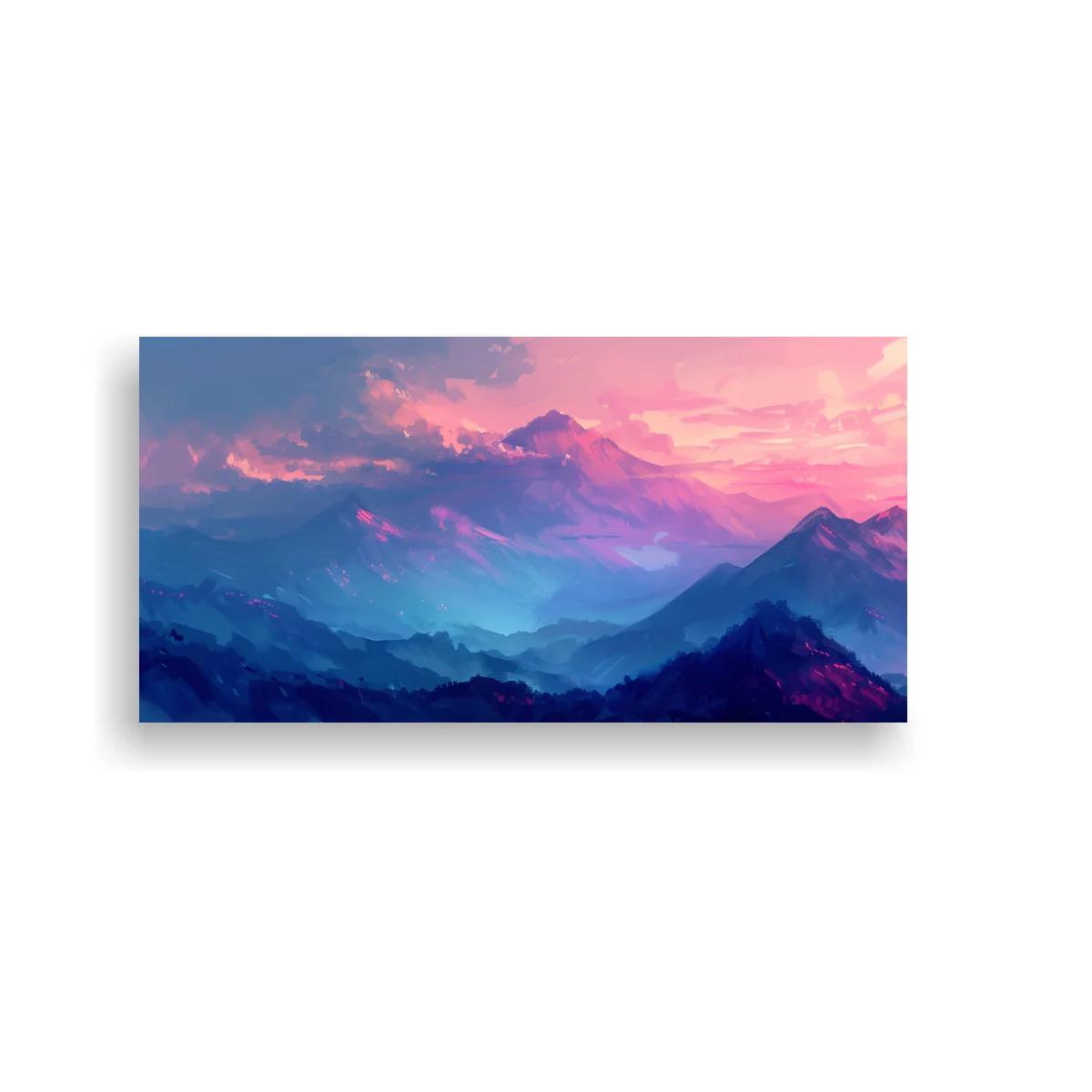 Cuadro cordillera de montañas con cielo rosado y violeta