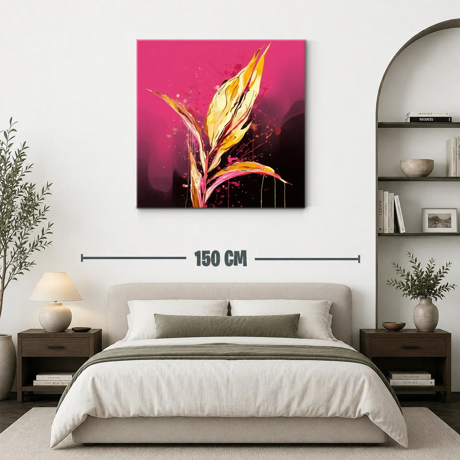Cuadro abstracto con hojas vibrantes en tonos dorados y rosa — miniatura 3
