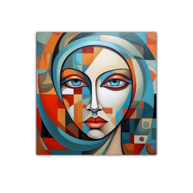 Rostro femenino geométrico con tonos vibrantes y suaves