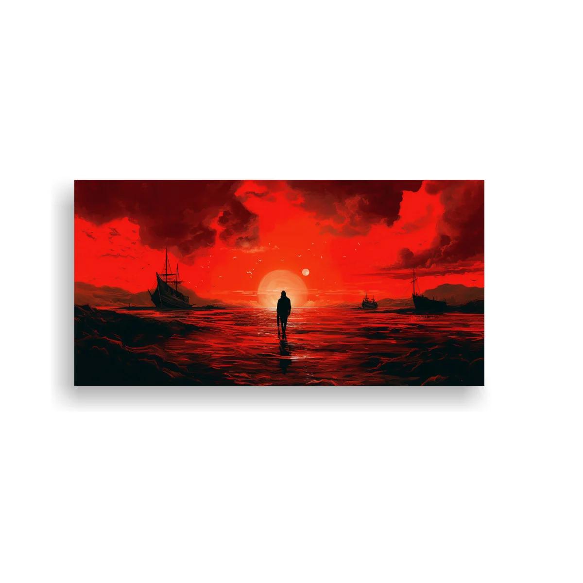 Cuadro figura solitaria al atardecer con dos veleros — imagen principal
