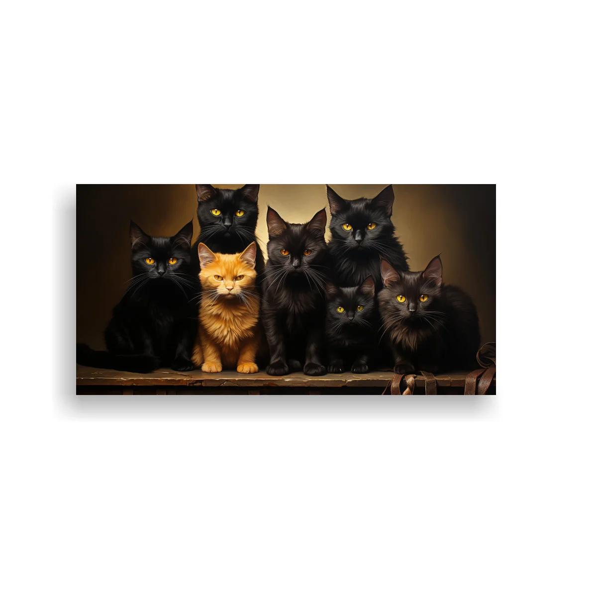 Cuadro grupo de gatos sobre repisa de madera