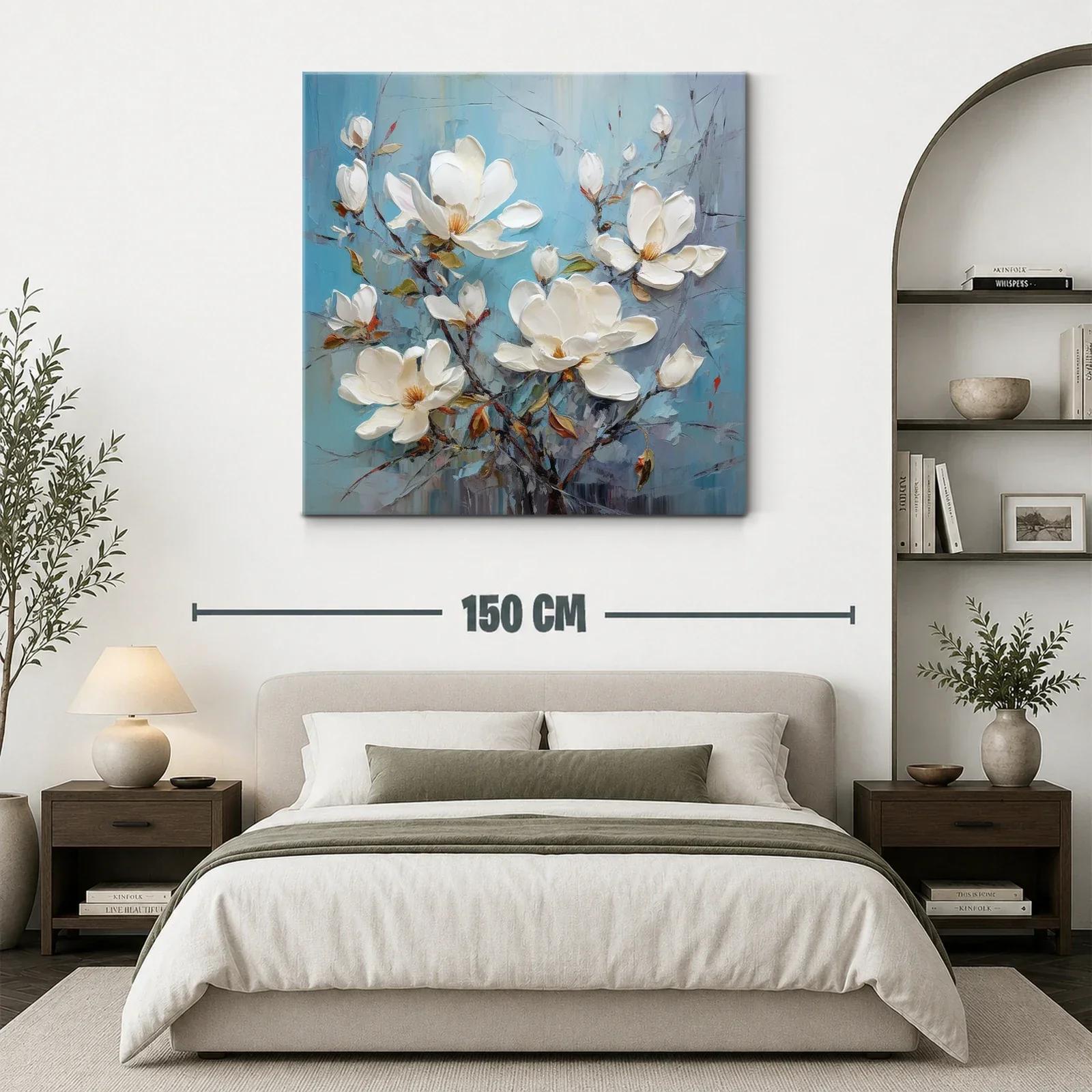 Cuadro con delicadas flores blancas sobre fondo azul — miniatura 3