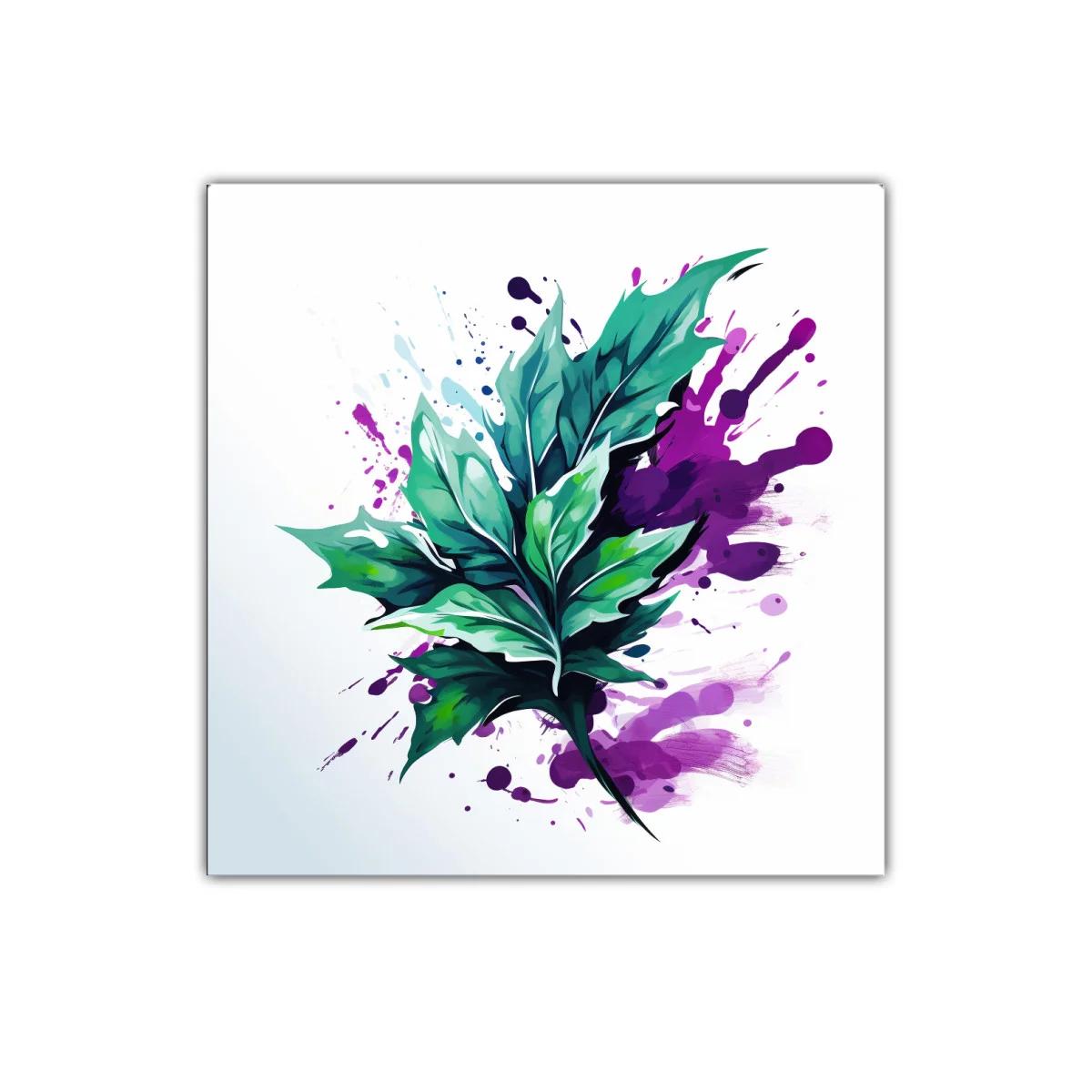 Hoja verde vibrante con salpicaduras moradas abstractas — imagen principal
