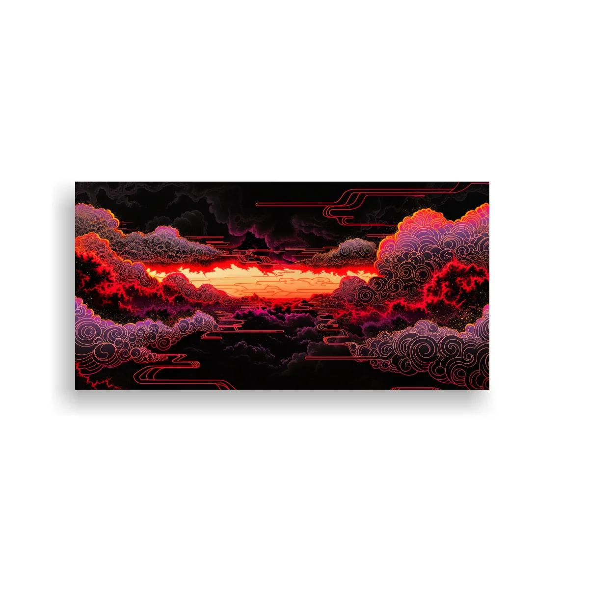 Cuadro nubes rojas con líneas decorativas finas