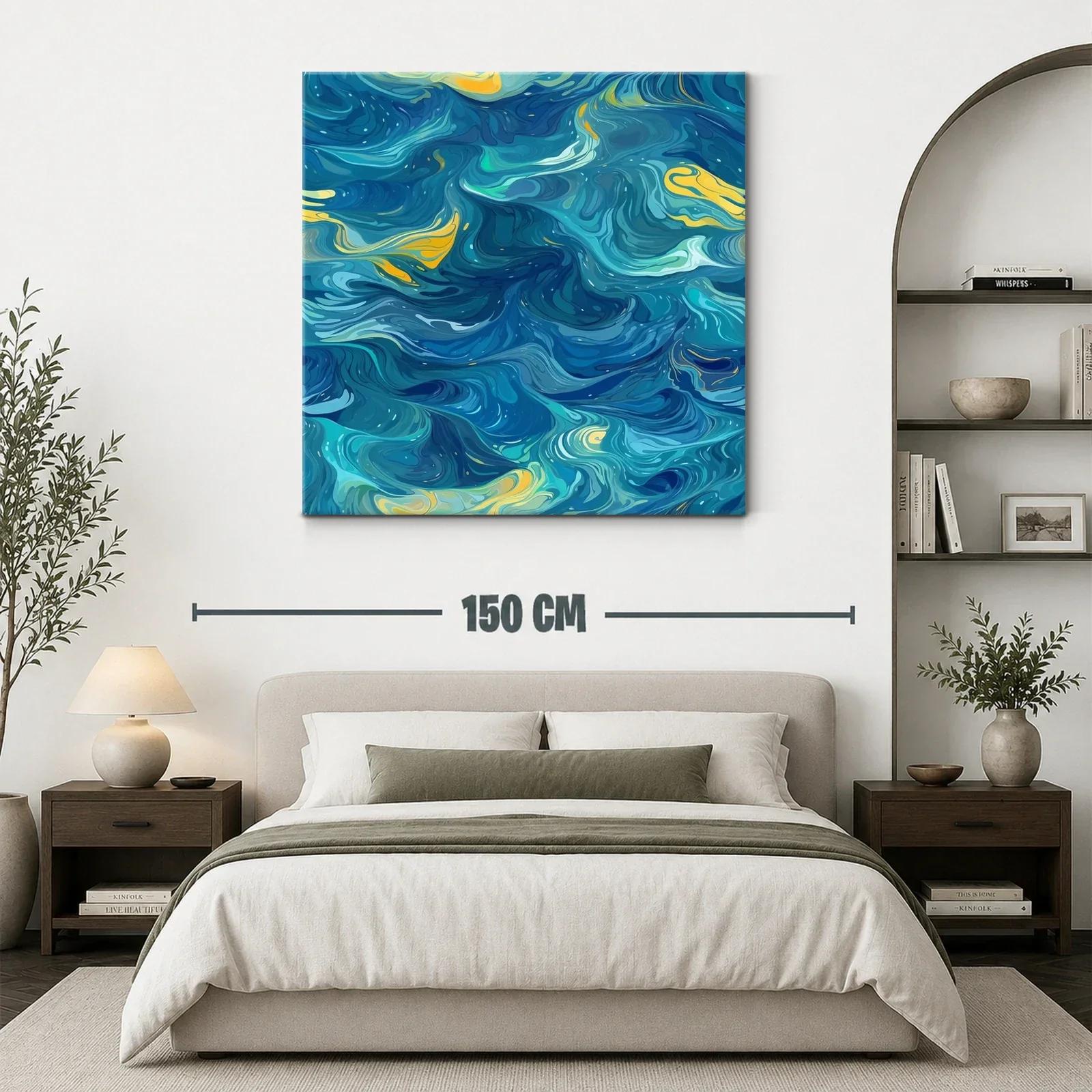 Cuadro abstracto con remolinos azules y toques amarillos — miniatura 3