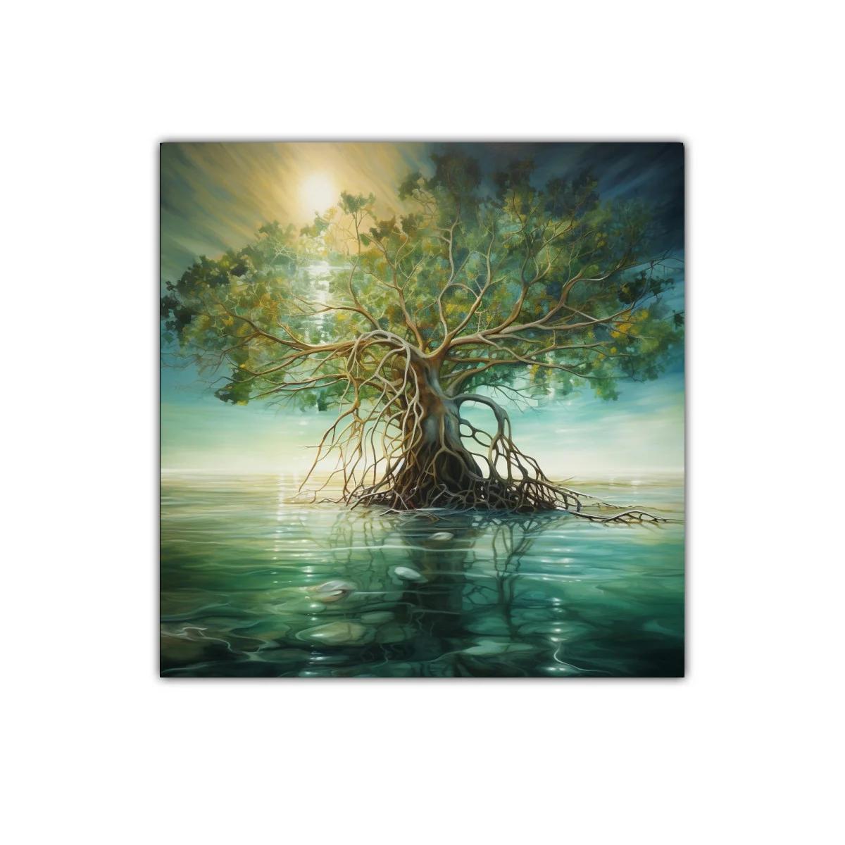 Árbol solitario sobre aguas tranquilas en tonos naturales