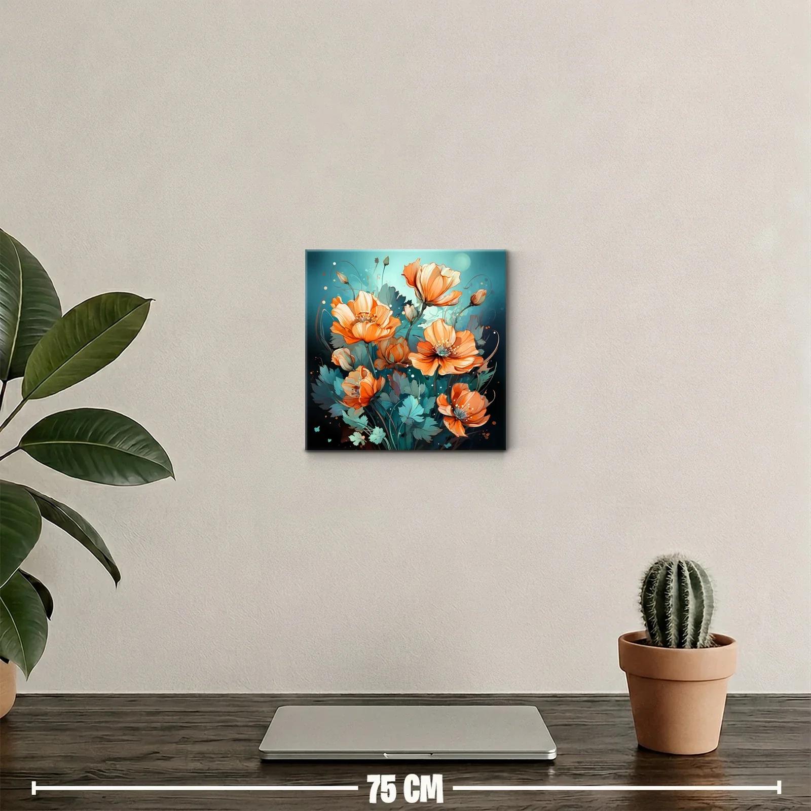 Cuadro floral con vibrantes flores naranjas y verde azulado — miniatura 2