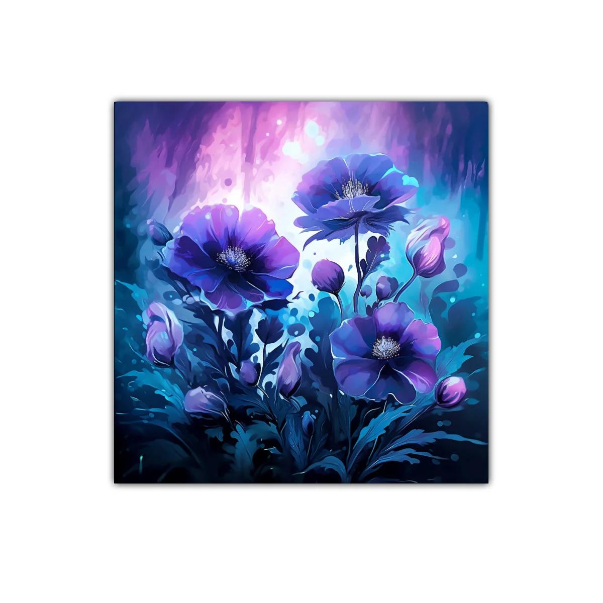 Cuadro floral vibrante en tonos azules y morados