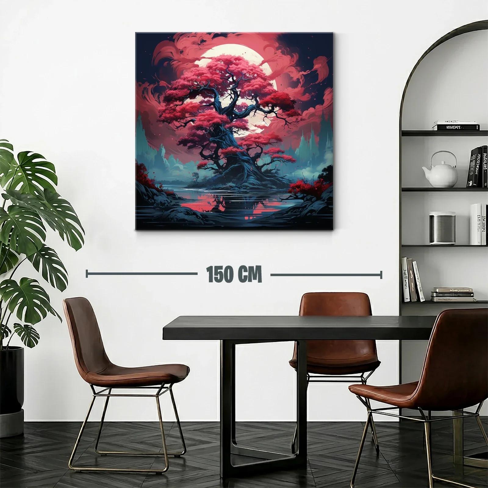 Árbol mágico con hojas rojas bajo luna llena brillante — miniatura 2
