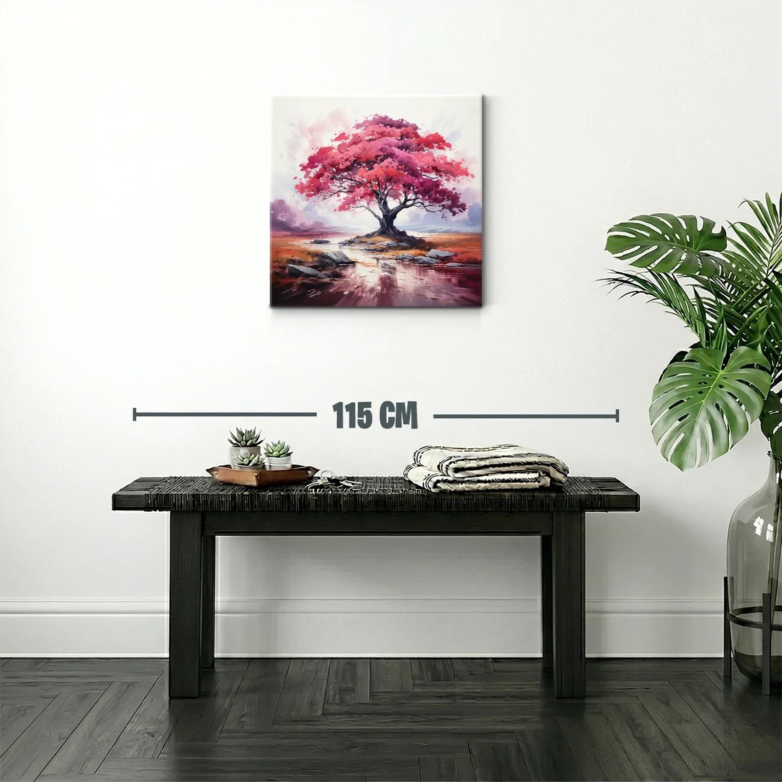 Árbol en tonos rosas y rojos sobre paisaje sereno — miniatura 2