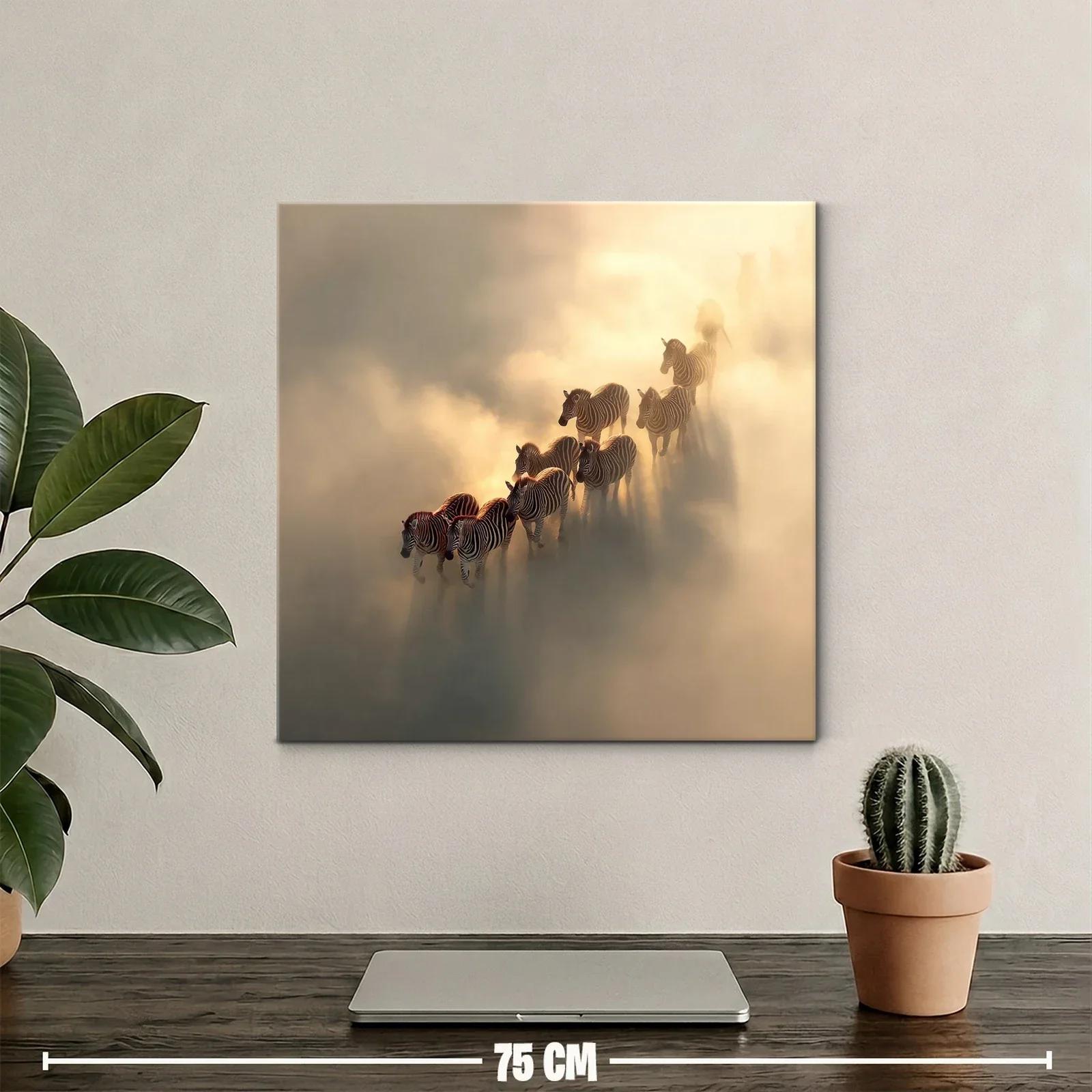 Cuadro de cebras en la niebla dorada al amanecer — miniatura 2