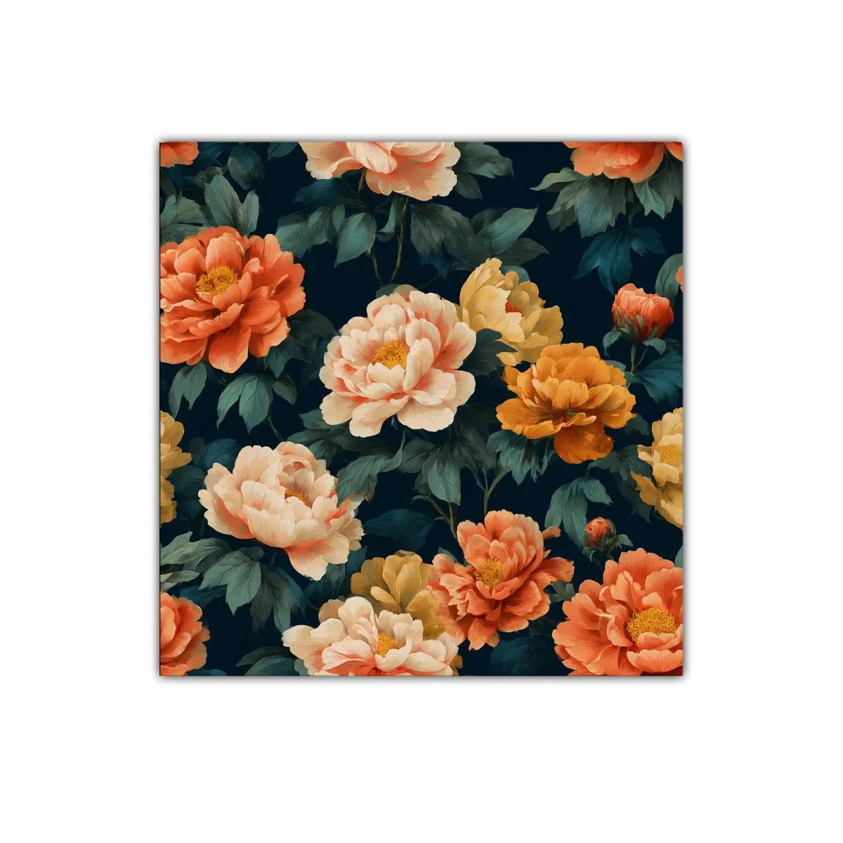Cuadro floral con peonías en tonos cálidos y fondo oscuro