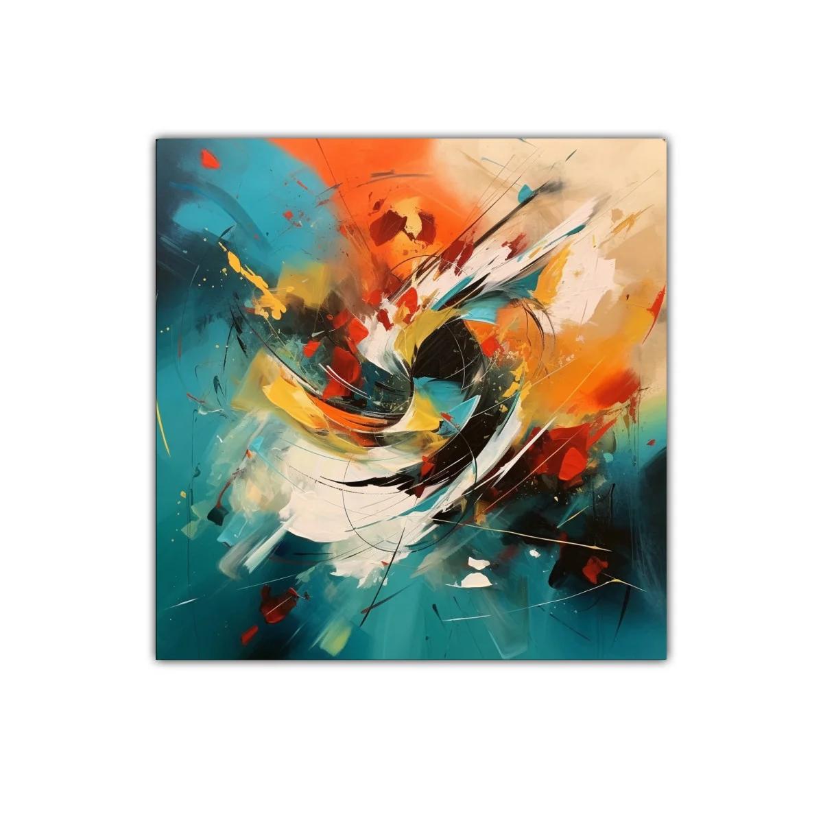 Cuadro abstracto enérgico con tonos cálidos y azules vibrantes