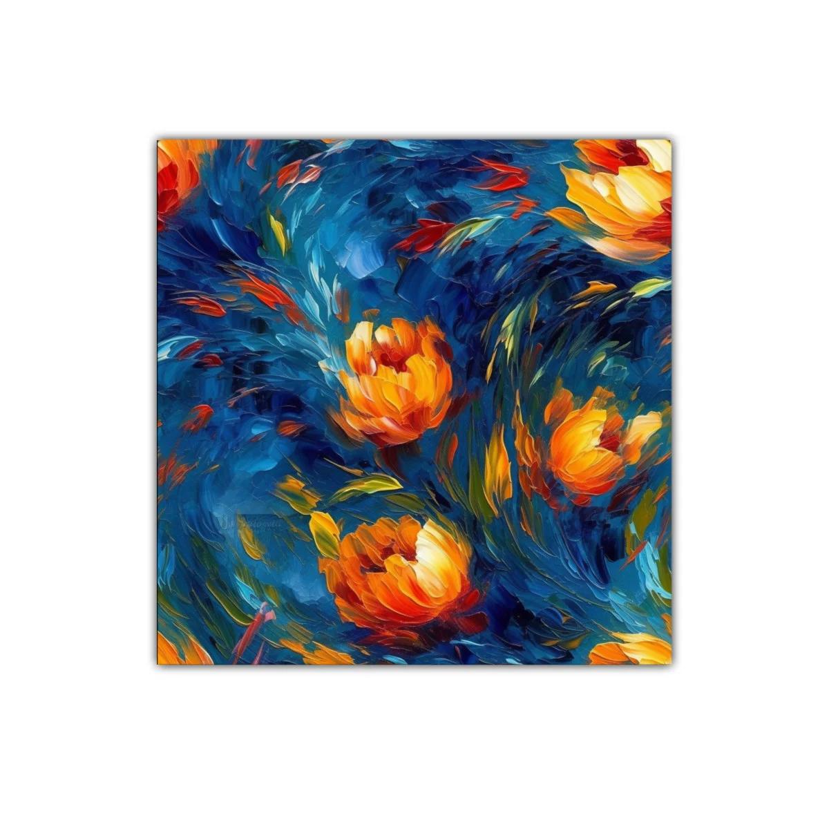 Cuadro vibrante con flores cálidas sobre fondo azul intenso — imagen principal