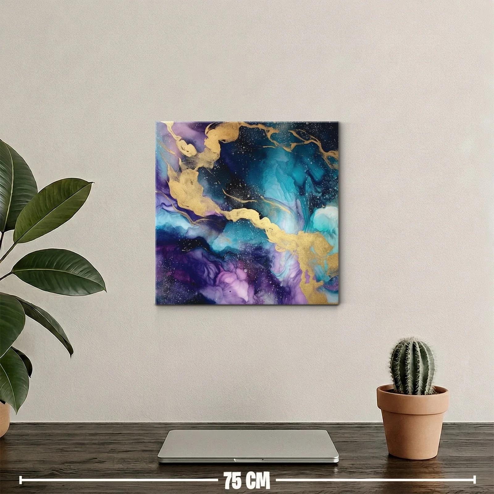Cuadro abstracto con tonos azulados y dorados vibrantes — miniatura 2