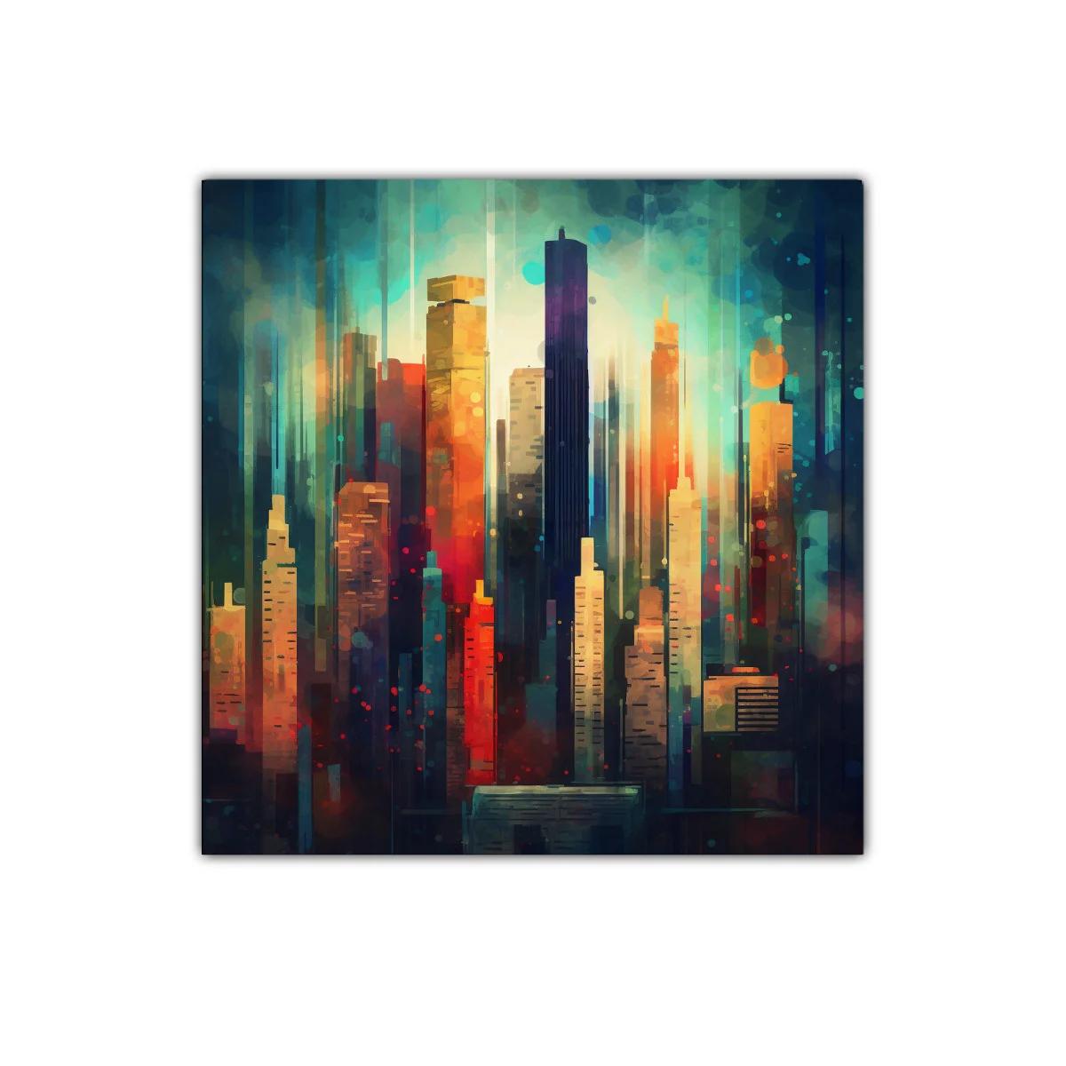 Cuadro urbano vibrante con luces y sombras en tonos cálidos — imagen principal