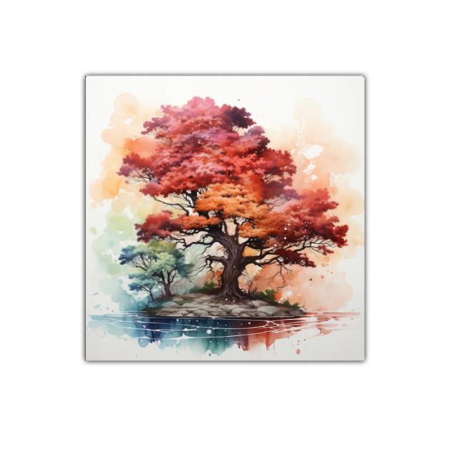 Árbol vibrante en isla con tonos otoño y acuarela