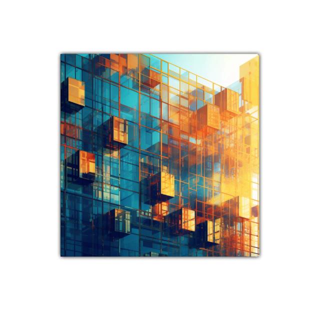 Composición arquitectónica en azul y naranja vibrante