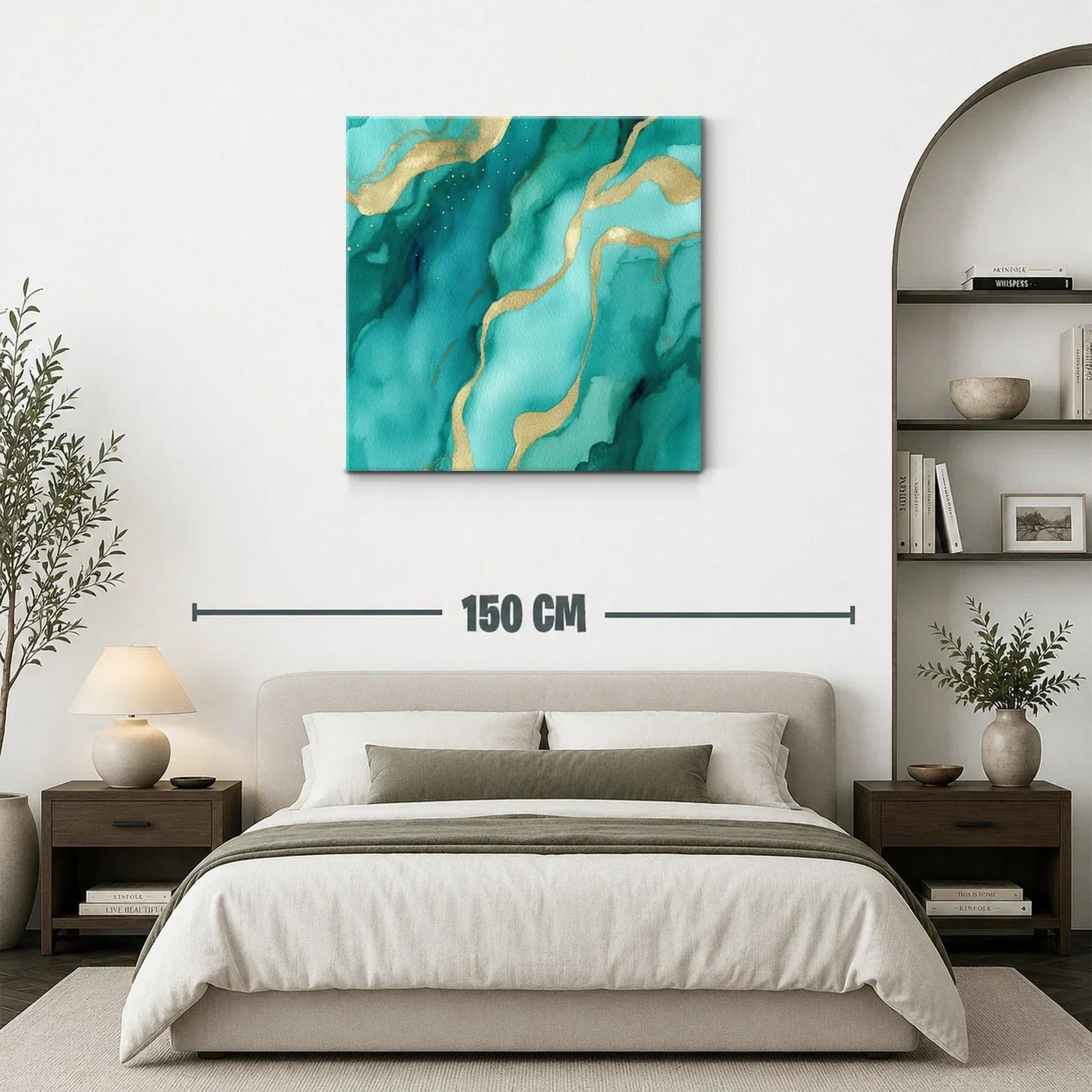 Cuadro abstracto en tonos verdes con detalles dorados — miniatura 3