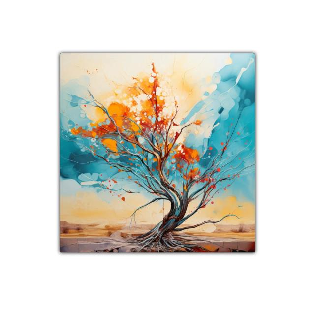 Árbol colorido con vibrantes tonos anaranjados y azules