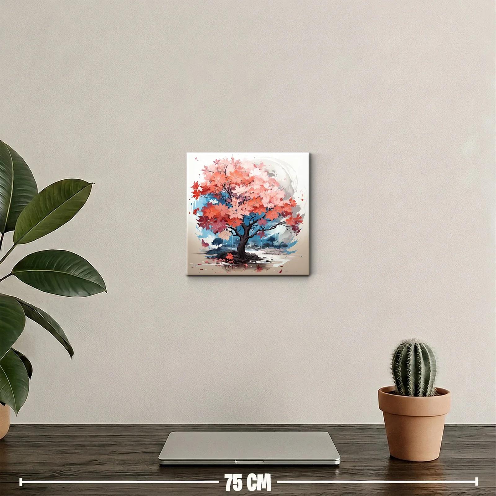Árbol con hojas rojas en paisaje sereno y colorido — miniatura 2