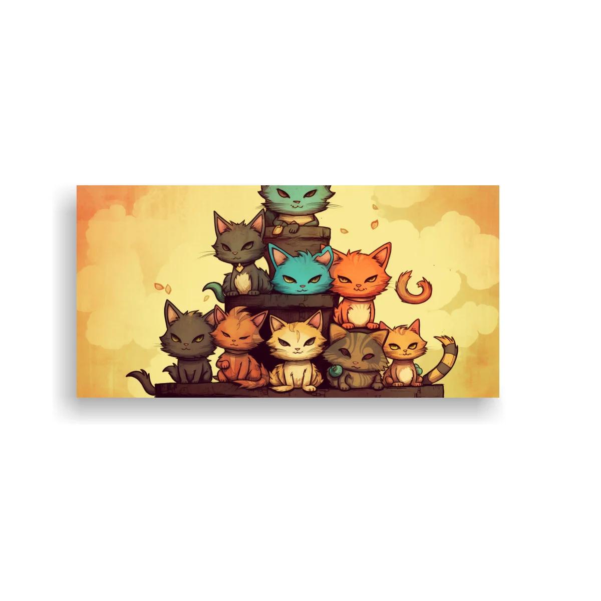Cuadro grupo de gatos kawaii sobre repisa oscura