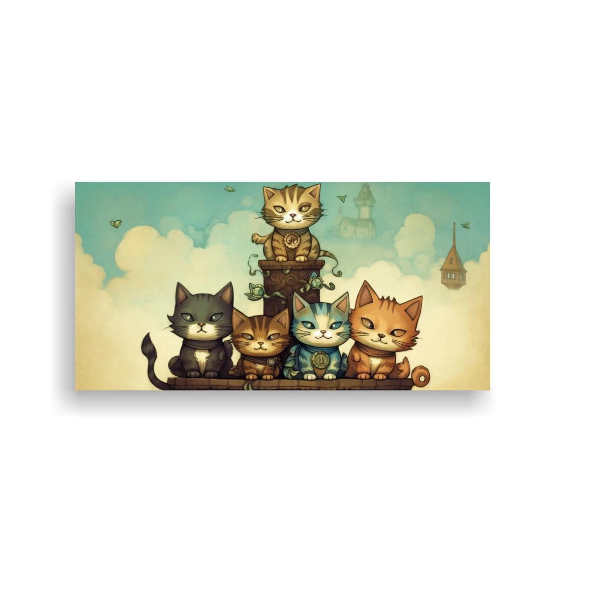 Cuadro grupo de gatos sobre un asiento de madera