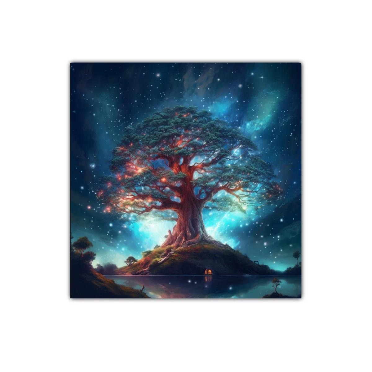 Árbol mágico iluminado bajo un cielo estrellado de fantasía