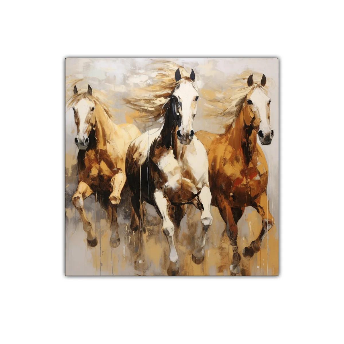 Cuadro decorativo con tres caballos al galope en tonalidades cálidas — imagen principal