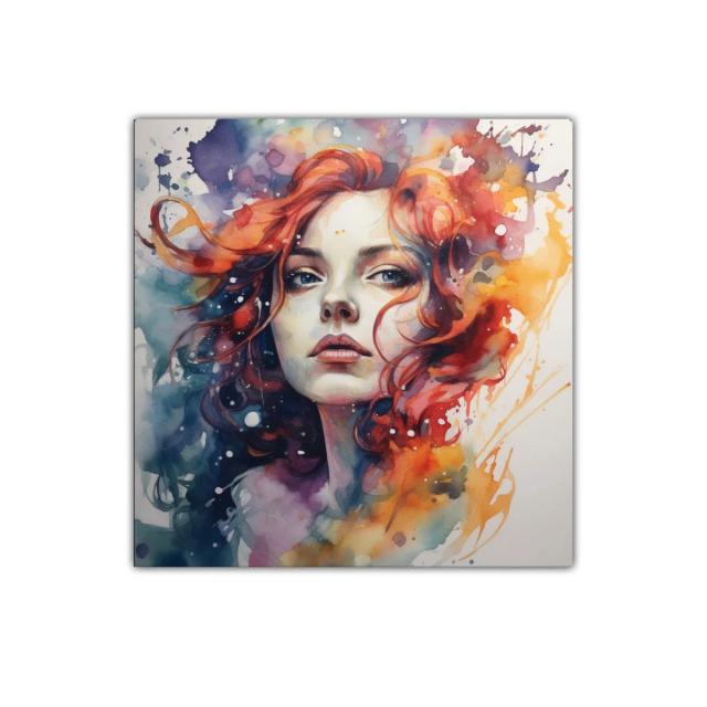 Retrato vibrante de mujer con cabello rojo y fondo abstracto