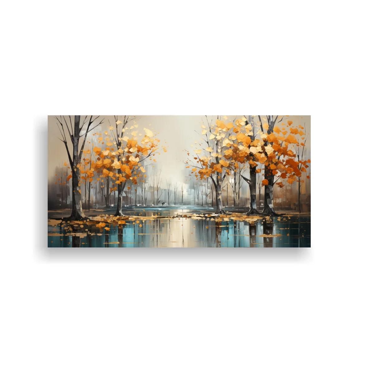 Cuadro bosque otoñal junto al agua con reflejos claros