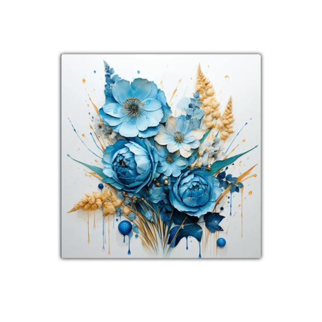 Elegante composición floral azul y dorada para decoración