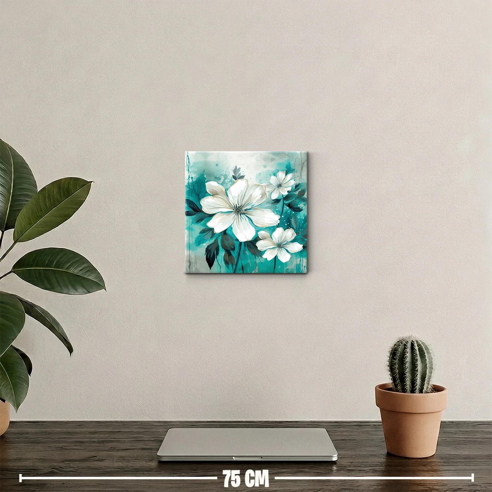 Cuadro floral con delicadas flores blancas y fondo turquesa — miniatura 2