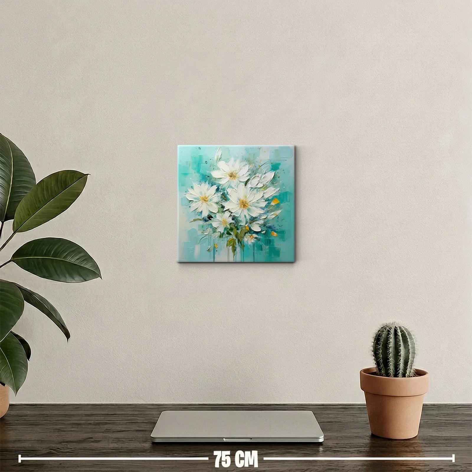 Cuadro decorativo con delicadas flores blancas y fondo azul turquesa — miniatura 2