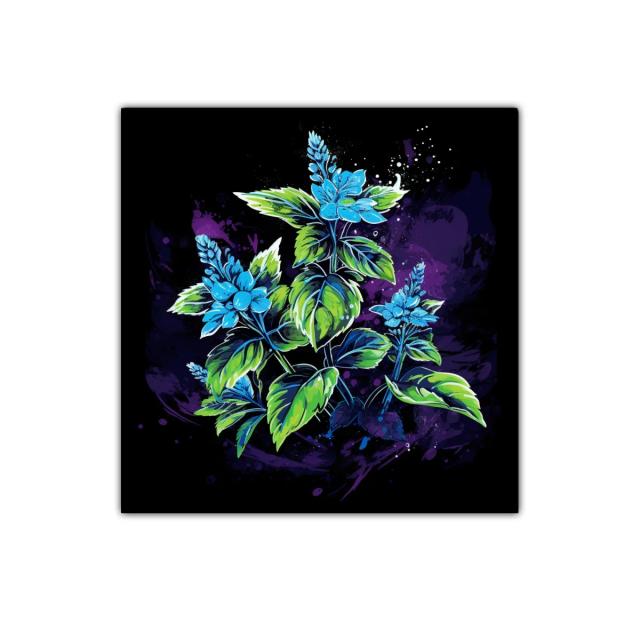 Cuadro con flores azules y hojas verdes sobre fondo oscuro