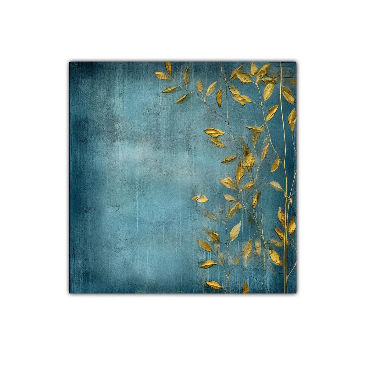 Cuadro decorativo elegante con hojas doradas sobre fondo azul